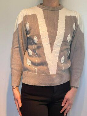 Vintage Angora Blend top Taupe Cream Nature, beaded, Retro Knit Puff Sle. Size S